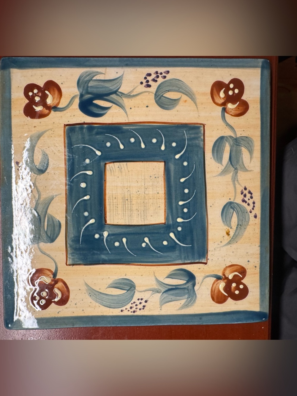 Hand-Painted Ceramic Wall Tile in Blue and Brown Floral Design